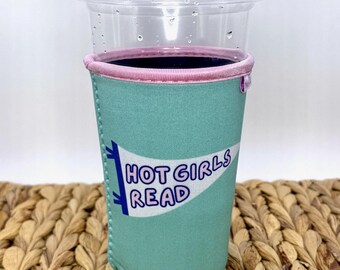 Mint Hot Girls Read Pennant Flag Iced or Hot Beverage Coffee Drink Sleeve - Medium 22-24oz