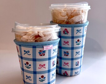 Blue Floral Gingham Iced or Hot Beverage Coffee Drink Sleeve