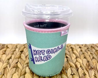 Mint Hot Girls Read Pennant Flag Iced or Hot Beverage Coffee Drink Sleeve - Small 16-18oz