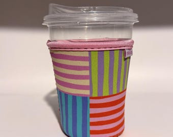 Stripe Patchwork Quilt Iced or Hot Beverage Coffee Drink Sleeve - Small 16-18oz