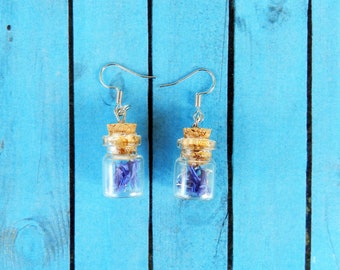 Handmade Cornflower Petal Glass Bottle Dangle Earrings