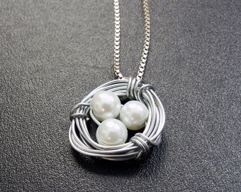 Handmade Wire Bird Nest Necklace with Pearl Eggs