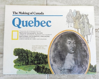 Mapa vintage de la revista National Geographic de 1991 sobre la creación de Canadá y Quebec