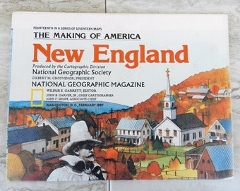 Mapa vintage de la revista National Geographic de 1987 sobre la formación de Estados Unidos - Nueva Inglaterra