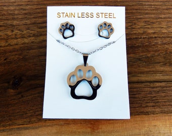 Stainless Steel Paw Print Necklace and Stud Earrings Set