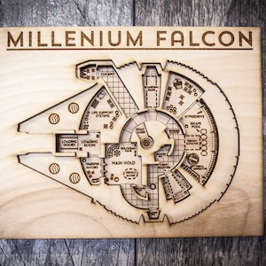 May include: A laser-cut wooden plaque depicting the interior layout of the Millennium Falcon, with detailed compartments and labels. The words "MILLENIUM FALCON" are carved at the top. The design is set against a wood grain background.
