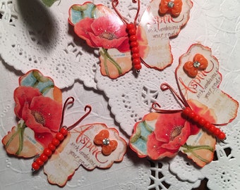 Aspire Poppies Orange Beaded Body 3D Orange Bow Butterflies Scrapbooking Embellishment wedding party cards DarlingArtByValeri