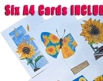 Sunflower Greeting cards Set 6 blank inside Victorian Victrola Bulb Gogh Books Tea Single Cards A4 Envelopes DarlingArtbyValeri