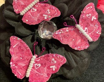Pink White Red Hearts Butterflies White Glass beaded Body Hot Pink Antenna Scrapbooking Embellishment Valentines Day Love DarlingArtByValeri