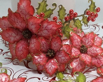 Paper Flowers Poinsettias Red& White Holly Berries Stems Christmas Mini Album Journal Scrapbooking Custom Handmade