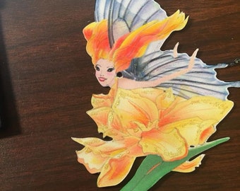 Chipboard Darling Daffodil Fairy Hand drawn Custom 6" Embellishment DarlingArtByValeri Scrapbooking Mini Albums Card Making gifts