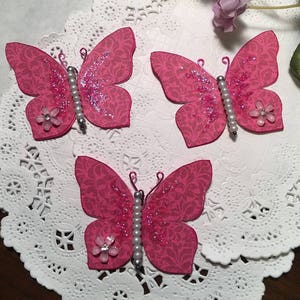Pink Passion Pearlecsent Glass Bodied Butterflies DarlingArtByValeri Set for Scrapbooking Embellishment Mini Albums Cards Wedding Gifts