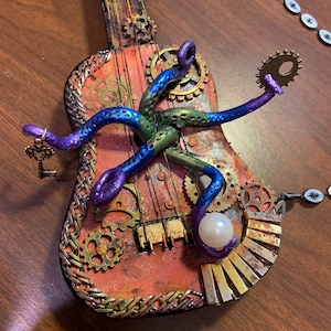 Steampunk Acoustic Guitar Gears Octopus Embellished Rusted tinted Finnabair Wax color Lightweight small DarlingArtByValeri