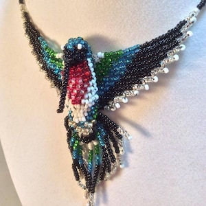Hand Beaded Hummingbirds 3D LifeSize Necklace DarlingArtByValeri Seed Beads and added Crystal neck piece Custom Design Wedding Birthday Gift