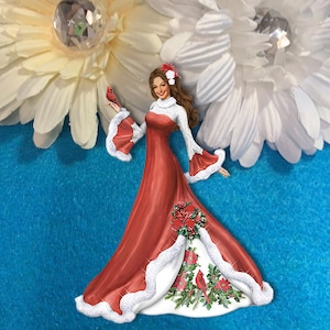 Dama victoriana vestido de Navidad 3D rosas pluma cardenal aglomerado Ephemera adornos DarlingArtByValeri Scrapbooking tarjeta vintage