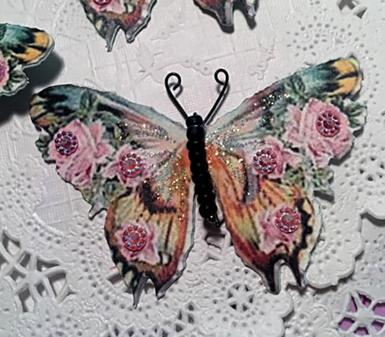 Pink Passion /& Roses Black Matte Glass Bodied Butterflies DarlingArtByValeri Scrapbooking Embellishments Mini Albums Card Making