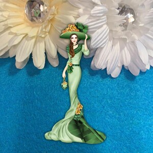 Victoriaanse dame groene jurk 3D rozen kerst spaanplaat Ephemera versieringen DarlingArtByValeri scrapbooking kaart vintage