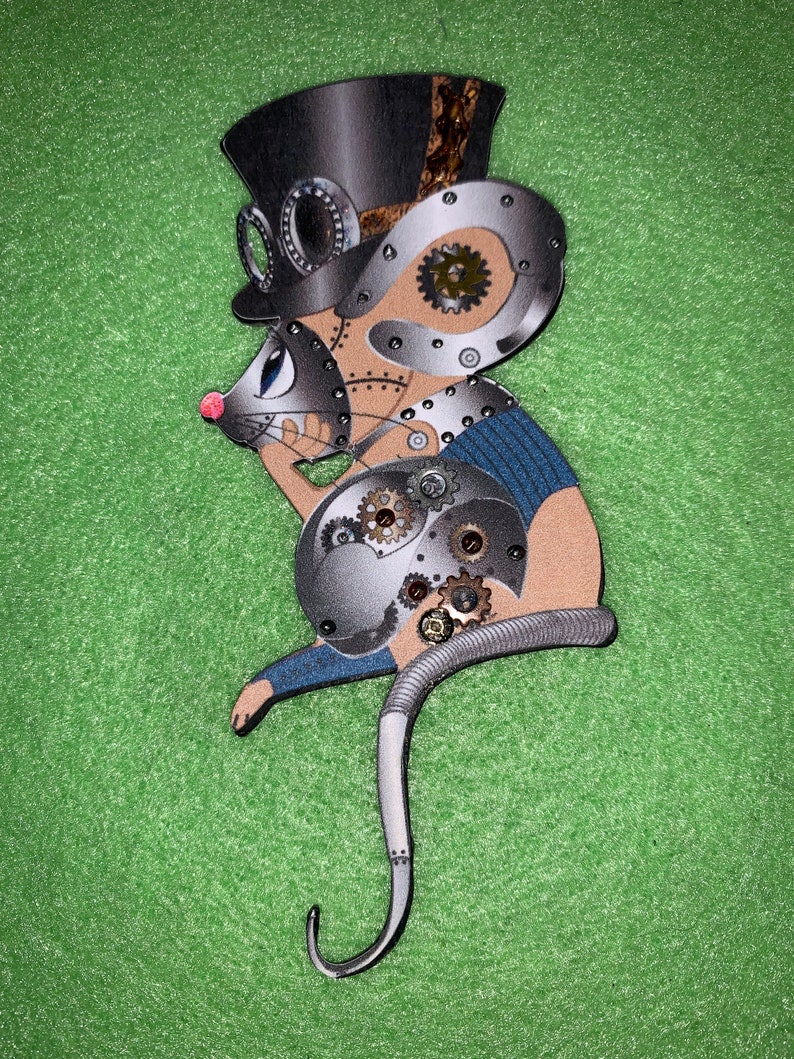 Steampunk Mouse Goggles Top Hat 3D Gears Embellished Stickles Lightweight Chipboard DarlingArtByValeri Scrapbooking Mini Albums Cards image 2