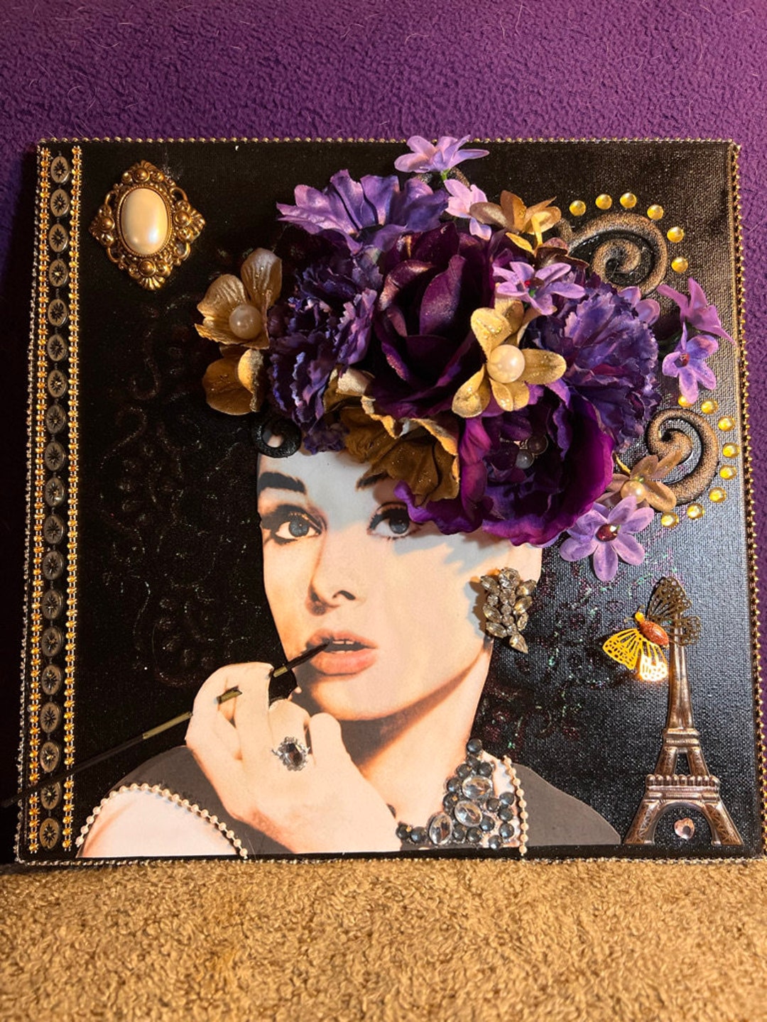 Audrey Hepburn Mixed Media Canvas Art: Metallic Flowers, Jewelry, Paris ...
