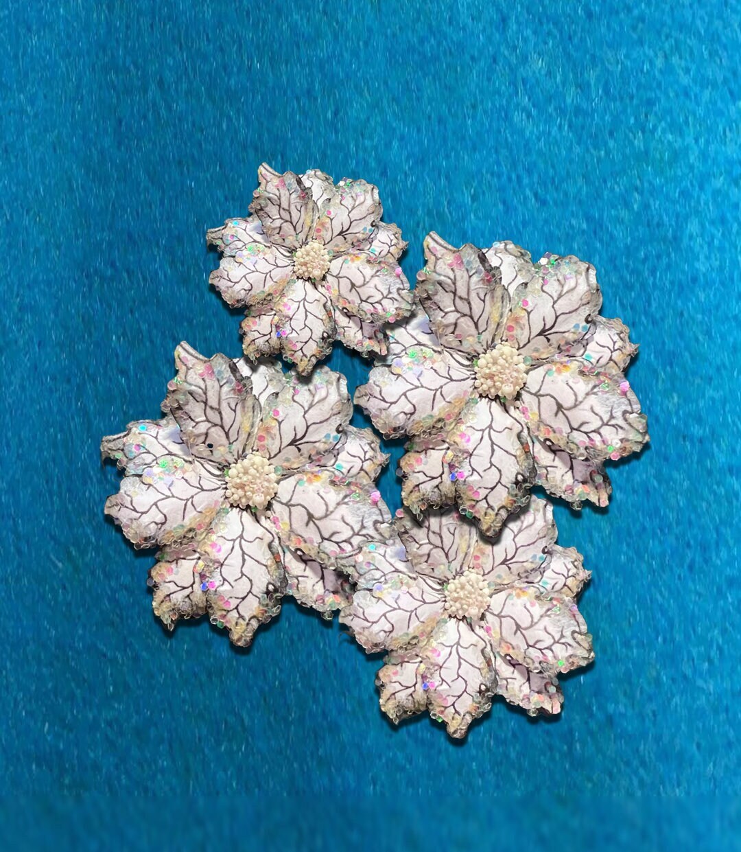 White Poinsettias Paper Flowers Silver Christmas Custom Handmade DecorationTree Trimming Mini Album Scrapbooking