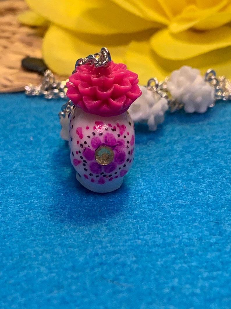 READY TO SHIP Day of the Dead Skull Necklace Metallic Rose Eyes Hand