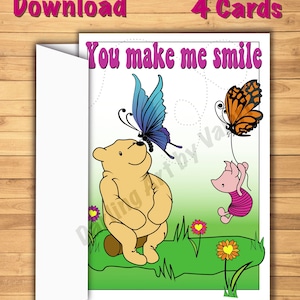 DIGITAL DOWNLOAD “You make me Smile” Greeting card Piglet Pooh Butterflies DarlingArtbyValeri blank custom design 4 cards