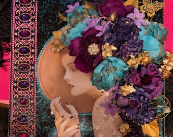 Vintage Lady Purple Turquoise Mixed Media Canvas Art Metallic Flowers Jewelry Pearls Girl DarlingArtByValeri Famous Woman Fine Art