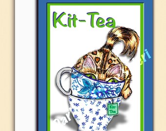 DIGITAL DOWNLOAD “Kit-Tea” Greeting card Teacup kitten teabag tag DarlingArtbyValeri blank custom design 3 sizes included