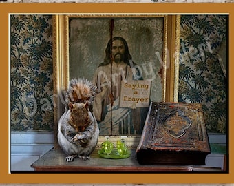 DIGITAL DOWNLOAD Prayers to you Greeting Card Praying Squirrel Vintage Bible Jesus Abandoned Art DarlingArtbyValeri Custom Design Unique