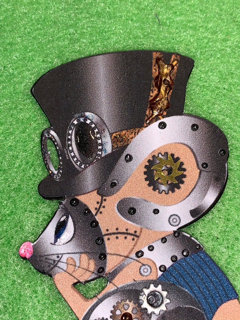 Steampunk Mouse Goggles Top Hat 3D Gears Embellished Stickles Lightweight Chipboard DarlingArtByValeri Scrapbooking Mini Albums Cards image 3
