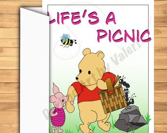 DIGITAL DOWNLOAD “Life’s a picnic” Greeting card Piglet Ants basket DarlingArtbyValeri blank custom design 4 cards