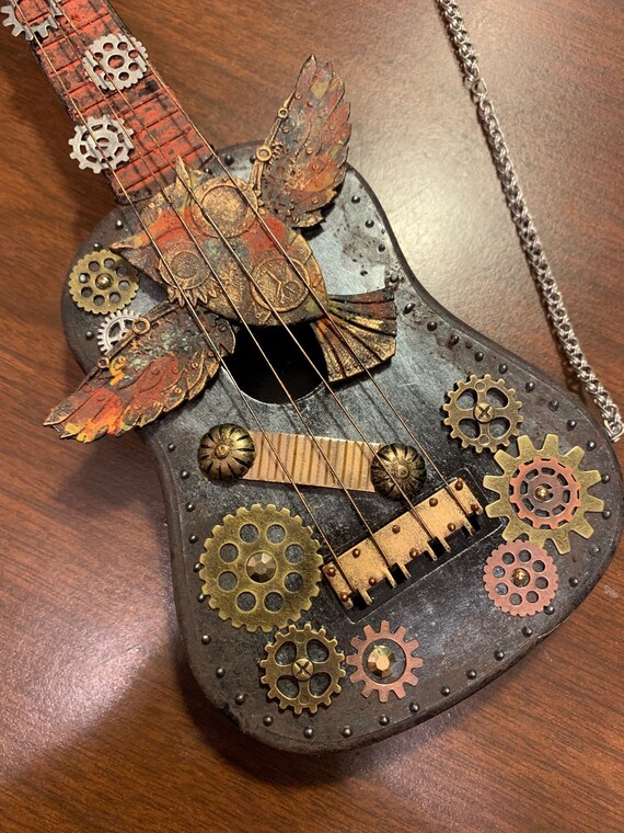 Steampunk Guitar Gears Owl Pocket Watch Hand Embellished Rusted
