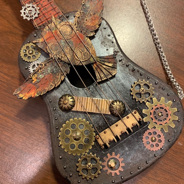 Steampunk Guitar Gears Owl Pocket Watch Hand Embellished Rusted and tinted with Wax for color Lightweight Acoustic small DarlingArtByValeri