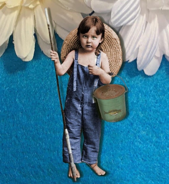 boy with fishing pole overalls and straw hat pattern Vintage Boy fishing overalls bucket wicker hat Chipboard Embellishments  DarlingArtByValeri Scrapbooking Album Card baby