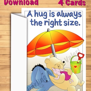 DIGITAL DOWNLOAD “Hug just the right size” Greeting card Pooh Piglet Beach Eeyore Heart DarlingArtbyValeri blank custom design 4 cards