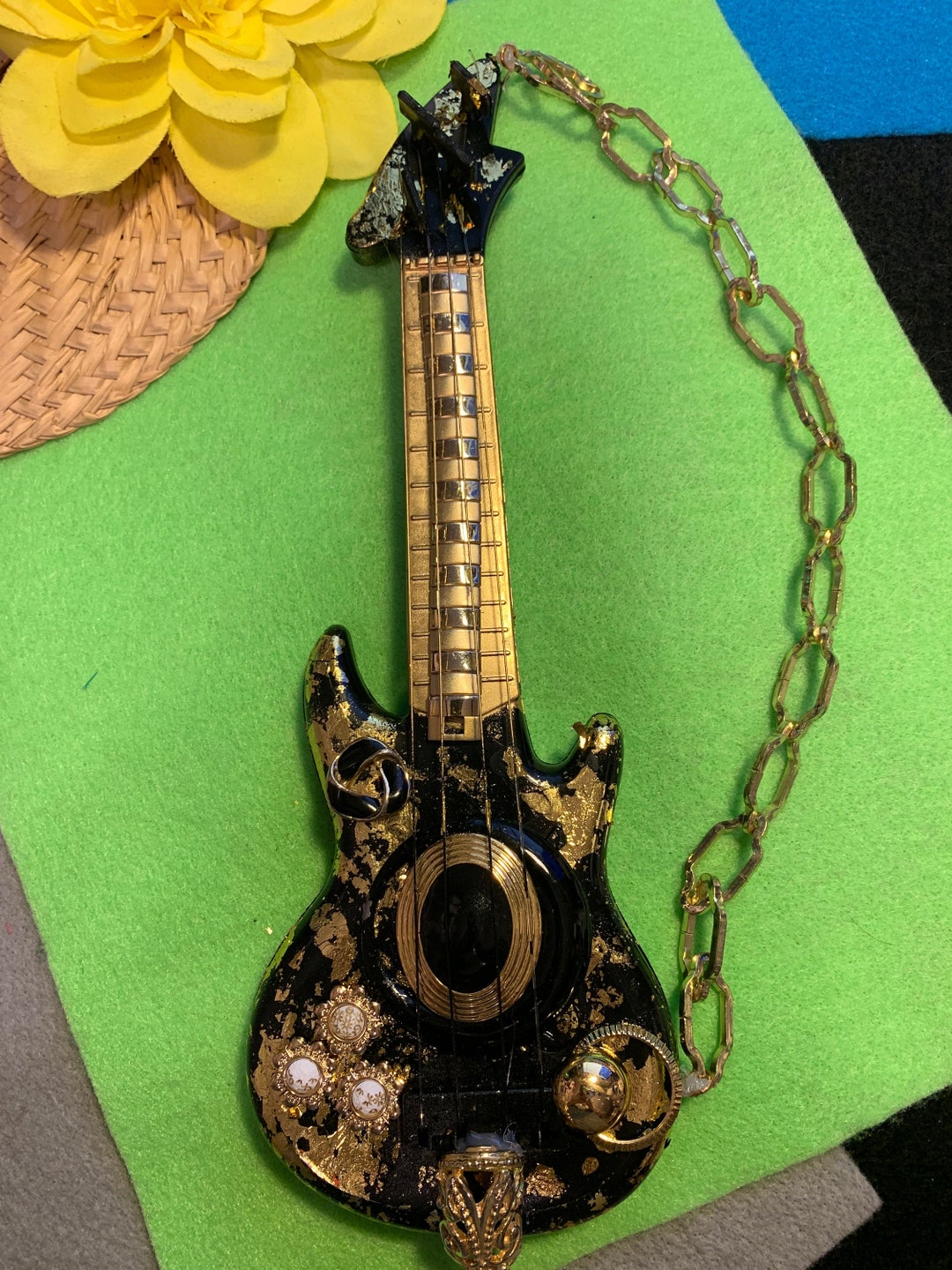 Black Gold Metal Flake Metallic Electric Guitar Embellished Vintage