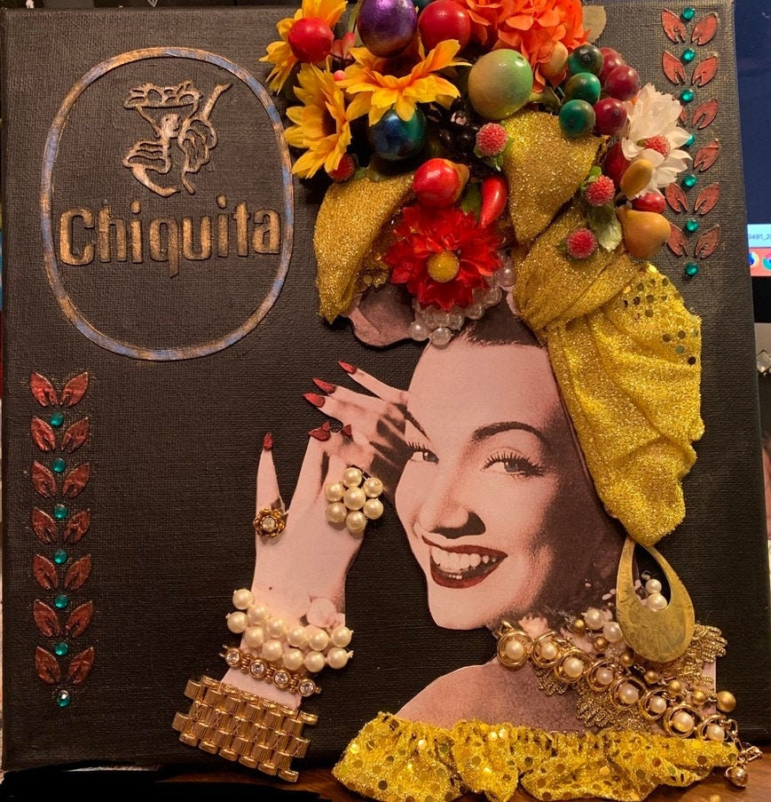 Carmen Miranda Vintage Lady Mixed Media Canvas Art Metallic Flowers Jewelry fruit DarlingArtByValeri Famous Woman Fine Art