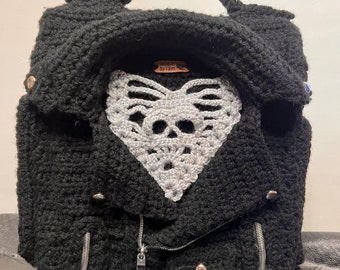 READY TO SHIP Crochet Black Jacket Backpack style Purse Silver Sparkle Skull Lined Canvas Handle Zippers Photo prop DarlingArtbyValeri