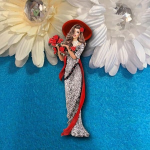 Victorian Lady Flower dress Red Hat Sash Chipboard Embellishments 3D Gems Roses DarlingArtByValeri Scrapbooking  Album Card vintage Woman