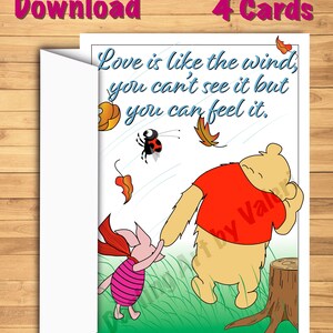 DIGITAL DOWNLOAD “ love is like the wind” Greeting card Pooh Piglet Ladybug Heart DarlingArtbyValeri blank custom design 4 cards