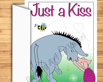 DIGITAL DOWNLOAD “Just a Kiss” Greeting card Eeyore Piglet Bumblebee Heart DarlingArtbyValeri blank custom design 4 cards