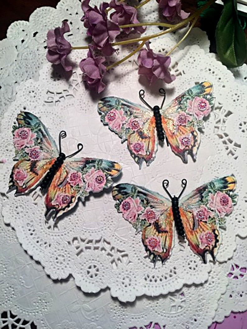Pink Passion /& Roses Black Matte Glass Bodied Butterflies DarlingArtByValeri Scrapbooking Embellishments Mini Albums Card Making