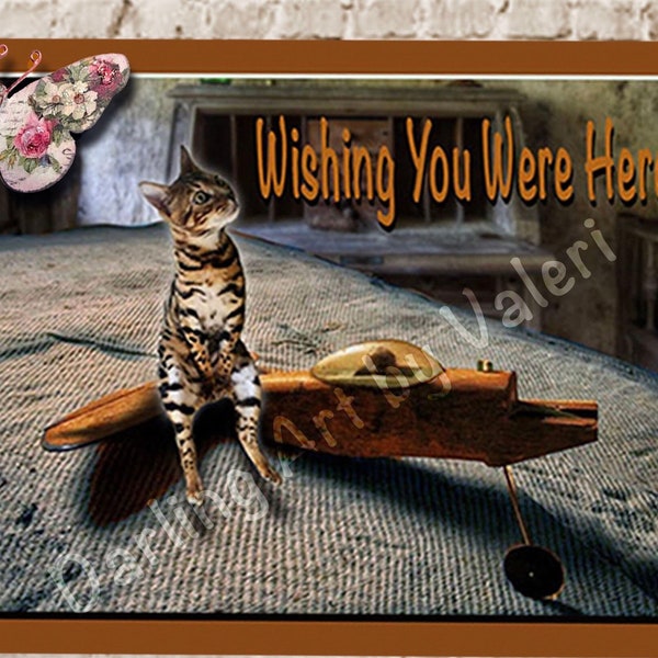 DIGITAL DOWNLOAD Wishing You were here Greeting Card Vintage Toy Airplane Sitting Kitten Abandoned Art DarlingArtbyValeri Custom Design Cat
