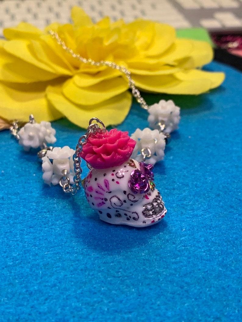 READY TO SHIP Day of the Dead Skull Necklace Metallic Rose Eyes Hand