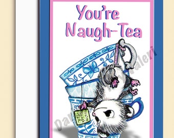 DIGITAL DOWNLOAD Blue Willow Vintage Teacup Possum Greeting card Hand drawn Original art Junk journal Scrapbooking DarlingArtbyValeri