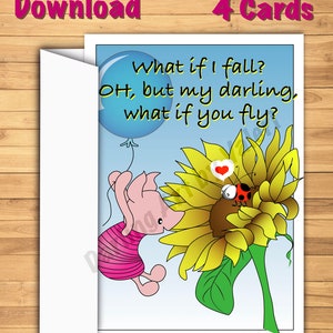 DIGITAL DOWNLOAD “What if you fly” Greeting card Piglet ladybug Sunflower DarlingArtbyValeri blank custom design 4 cards