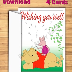 DIGITAL DOWNLOAD “Wishing you well” Greeting card Pooh Piglet Cartoon flower ivy DarlingArtbyValeri blank custom design 4 cards