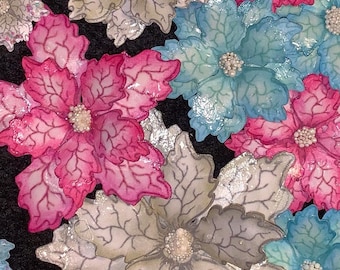 Paper Flowers Poinsettias Pink Blue Silver Holly Berries Stems Christmas Mini Album Journal Scrapbooking Custom Handmade