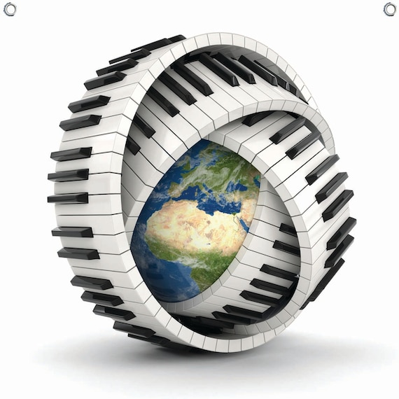 Musical Canvas Banner With Grommets Piano Keys Globe Etsy