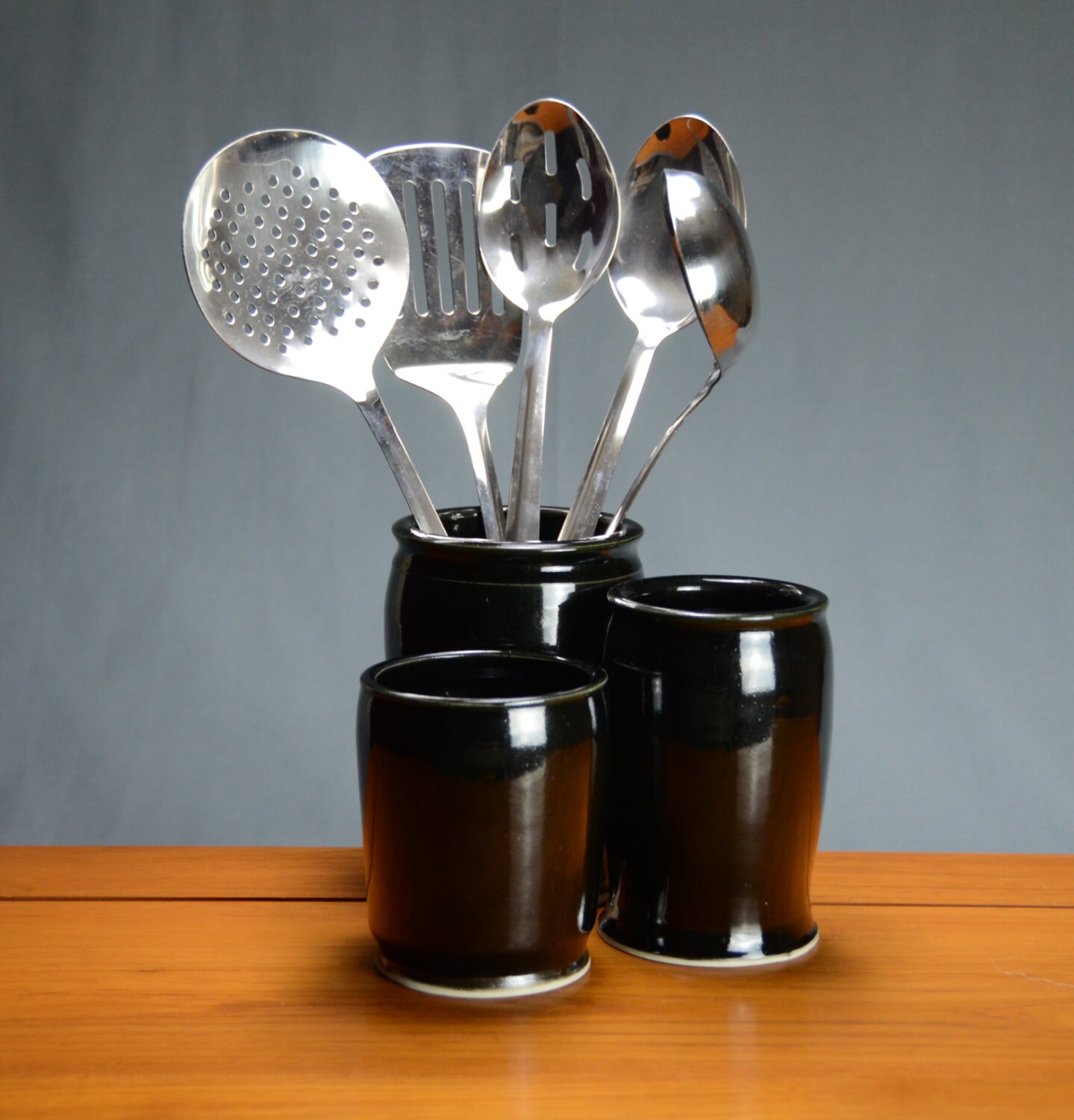 Black Ceramic Utensil Holder Hand Thrown Porcelain Pottery Etsy